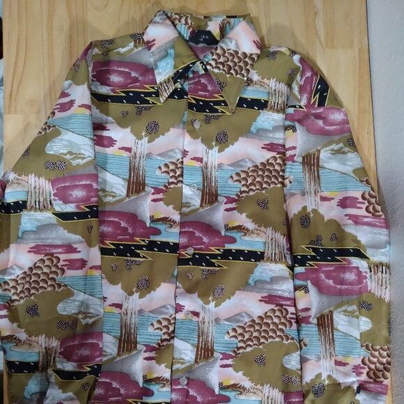 Vintage Bud Berma Psychedelic Landscape Pattern Polyester Disco Shirt - Picture 2 of 7